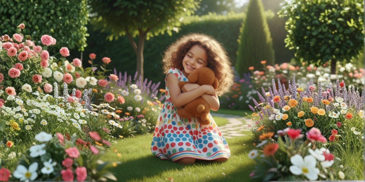 A happy child hugs their Wuffy robot puppy toy.