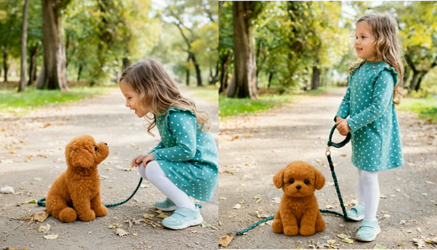 Image collage of children having fun with their Wuffy robot puppies.