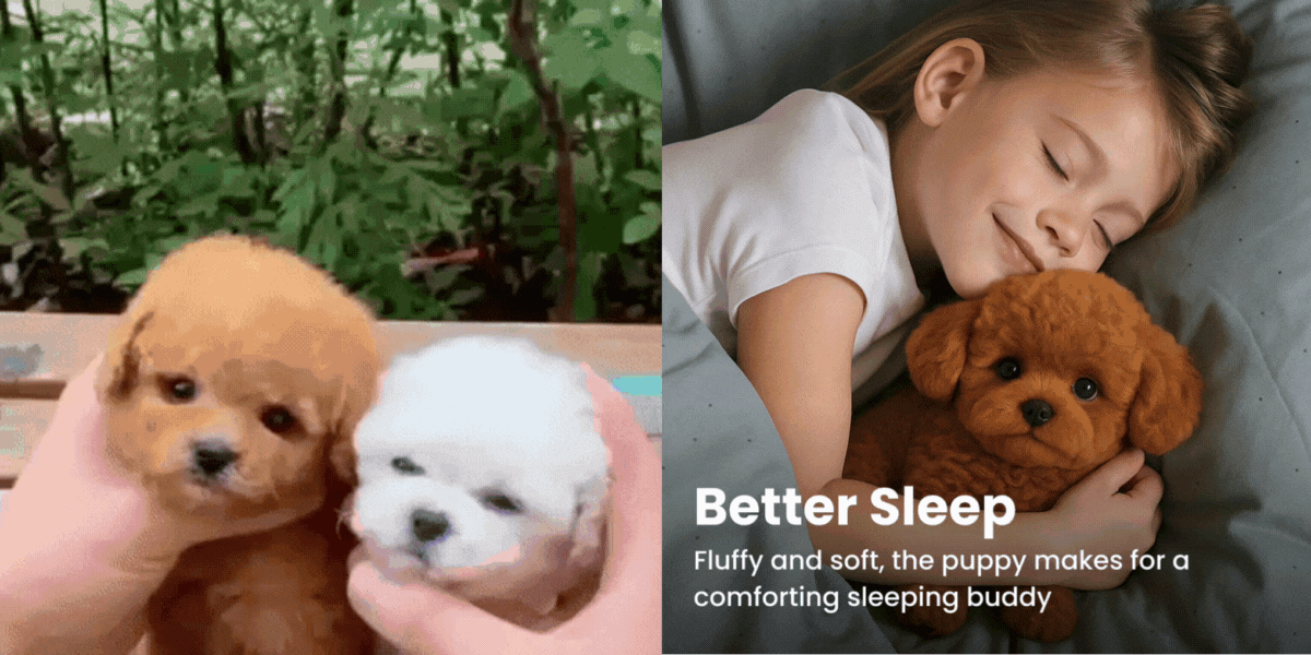 Animated GIF showing the different colors and features of the Wuffy robot puppy.